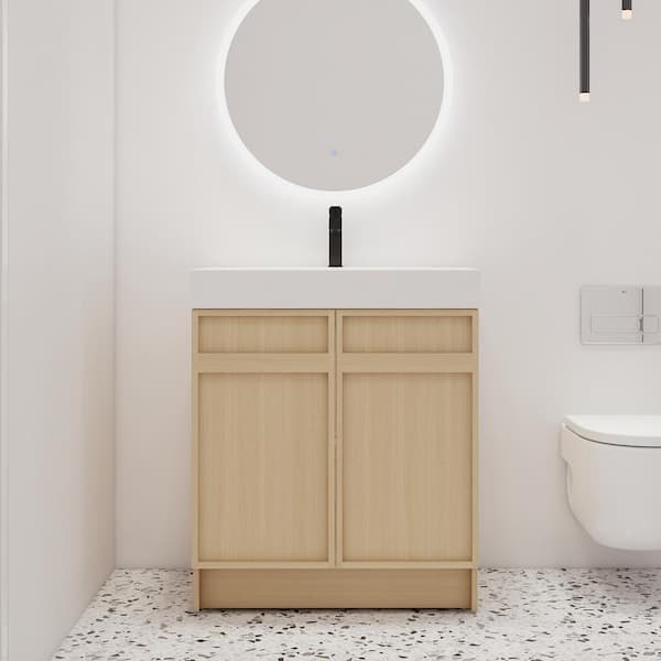 29.5 in. W x 19.7 in. D x 35.1 in. H Freestanding Oak Bath Vanity with White Resin Vanity Top