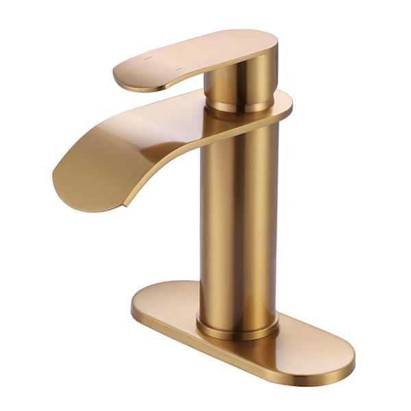 WOWOW Waterfall Single Handle Single Hole Bathroom Faucet with Deckplate and Pop Up Drain in Gold