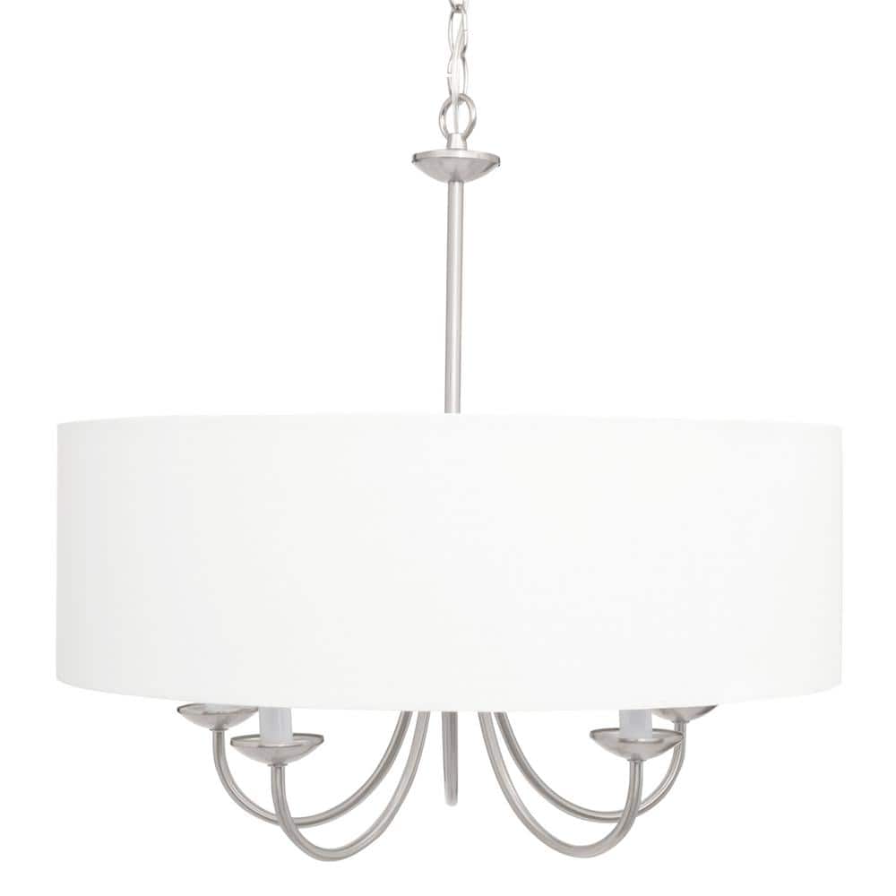 Brushed Nickel Drum Shade 5-Light Pendant with White Linen