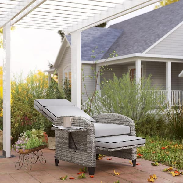Outsunny Outdoor Recliner Chair with Cushions, PE Wicker Reclining Patio Lounge Chair