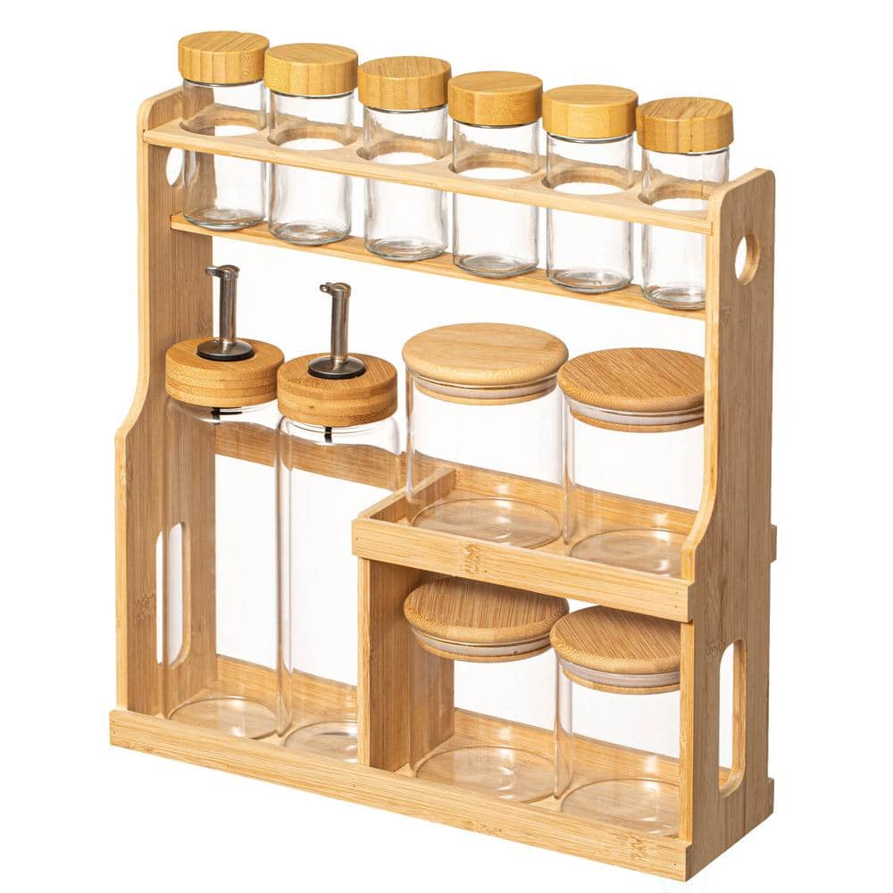 3-Tier Bamboo Spice Rack with Airtight Jars and Dispensers