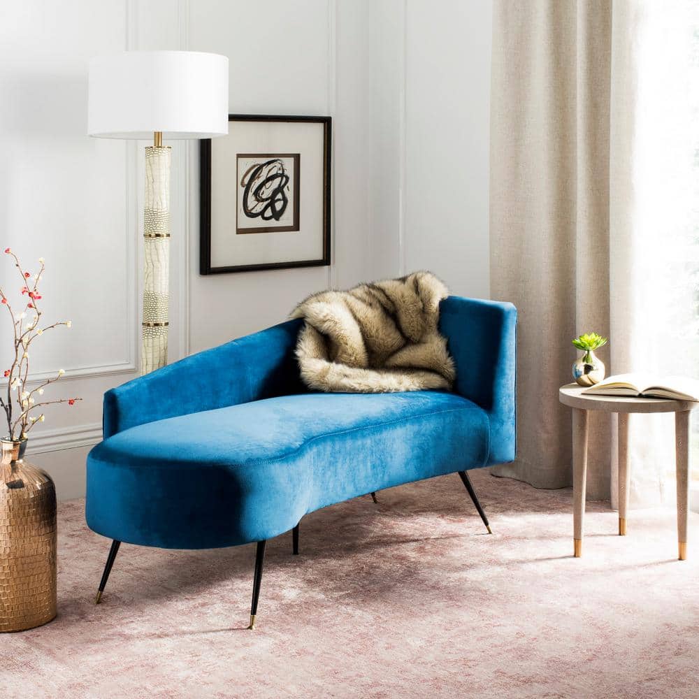 Navy Velvet Left Arm Settee with Black Metal Legs