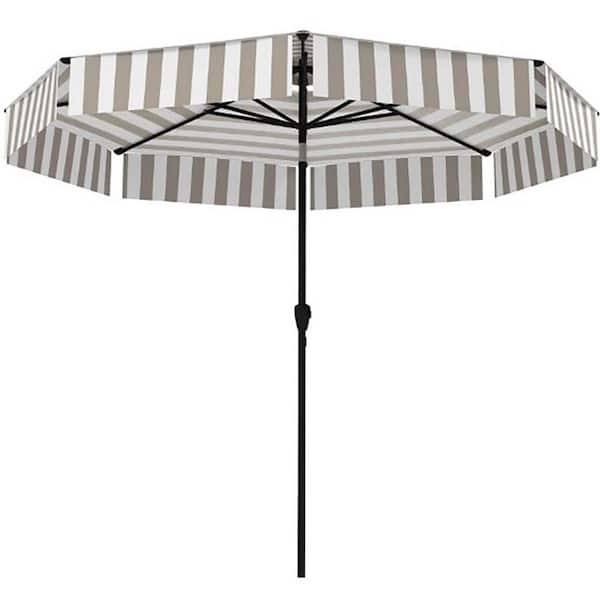 8.6 ft. Metal Market 2-Tier Vented Patio Umbrella in Light Gray and White with Crank, 8 Ribs