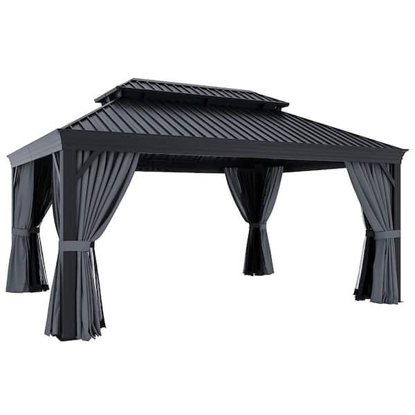 SUNMTHINK Grey 16 ft. W x 12 ft. D Galvanized Steel Double Roof Aluminum Hardtop Gazebo with Curtain and Mosquito Net for Backyard