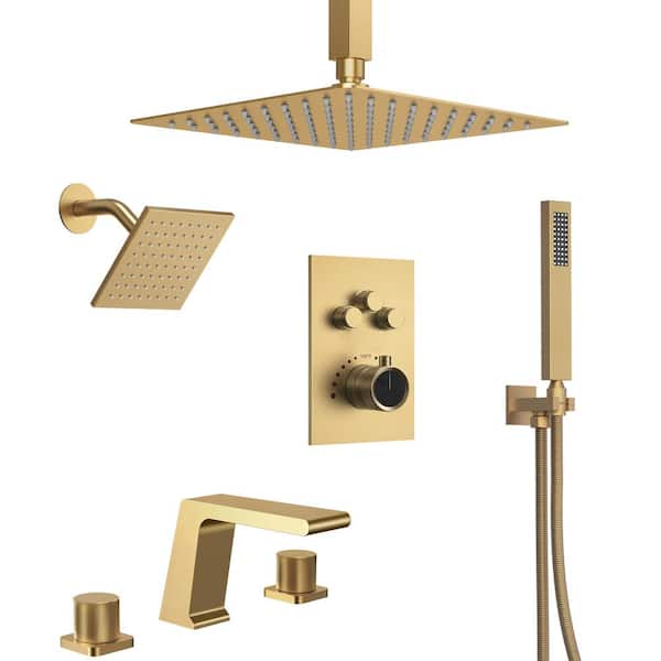 MultiplePress 12in. Dual 7-Spray Ceiling Mount Fixed and Handheld Shower Head 2.5 GPM with Basin Faucet in Brushed Gold