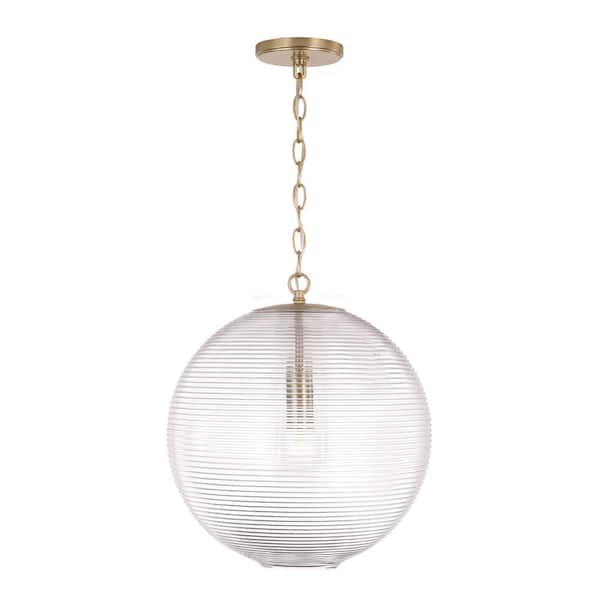 Dolan 100-Watt 1-Light Matte Brass Globe Pendant Light with Clear Ribbed Glass and No Bulbs Included