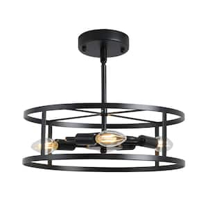 4-Light 14 in. Matte Black Farmhouse Chandelier with Round Cage Shade for Dining Room Kitchen