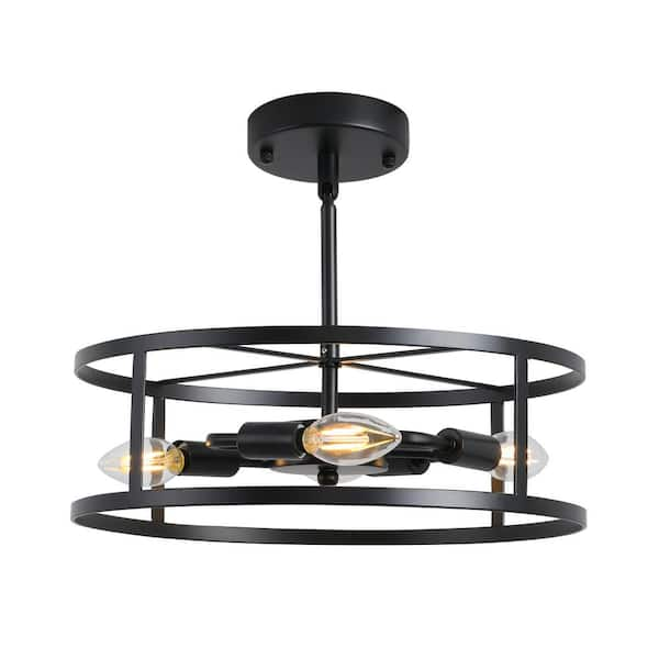 LWYTJO 4-Light 14 in. Matte Black Farmhouse Chandelier with Round Cage ...