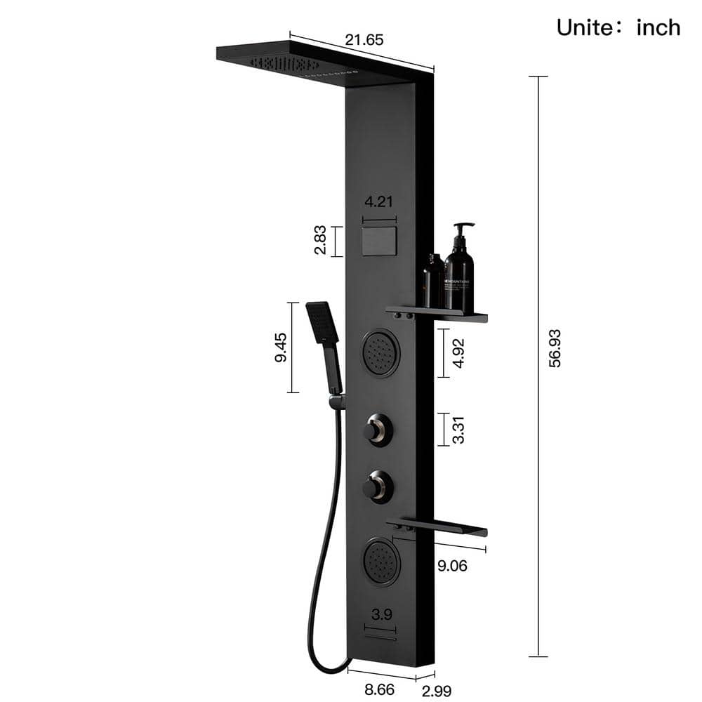Matte Black Thermostatic Shower Panel System with LED Light