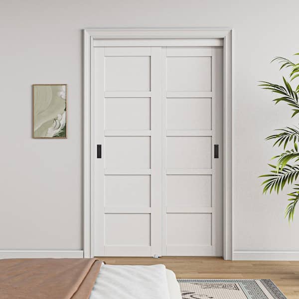 48 in. x 80 in. Paneled 5-Lite Blank Pattern White Primed MDF Require Assemble Sliding Door with Hardware Kit