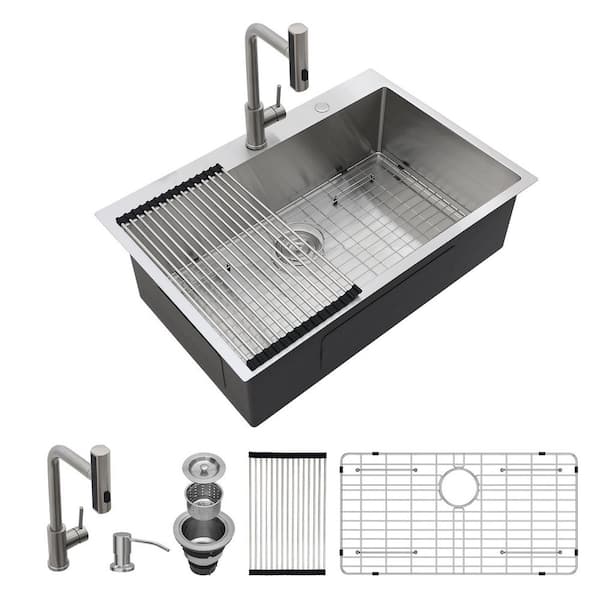 30 in. x 22 in. Drop-In Single Bowl Stainless Steel 16 Gauge Kitchen Sink with Pull Out Sprayer Faucet & Soap Dispenser