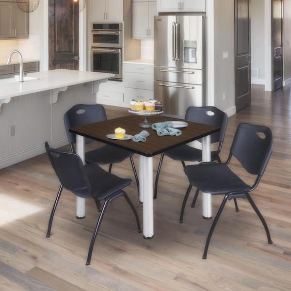 Kee 42 in. Neo Walnut Square Breakroom Table Desk and 4 'M' Stack Chairs-Black