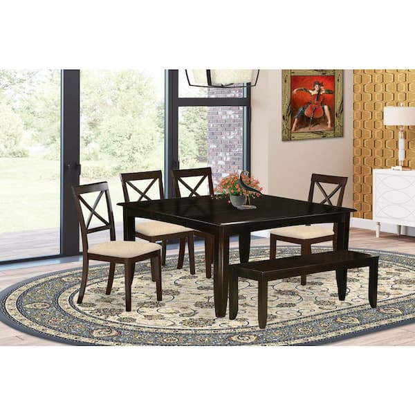 East West Furniture 6-Piece Cappuccino Finish Solid Wood Top dining Table with 1 Bench and 4 Chairs with Lattice Back