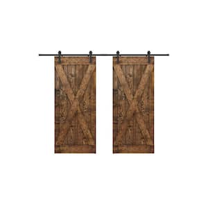 X Series 56 in. x 84 in. Fully Set Up Dark Brown Finished Pine Wood Sliding Barn Door with Hardware Kit