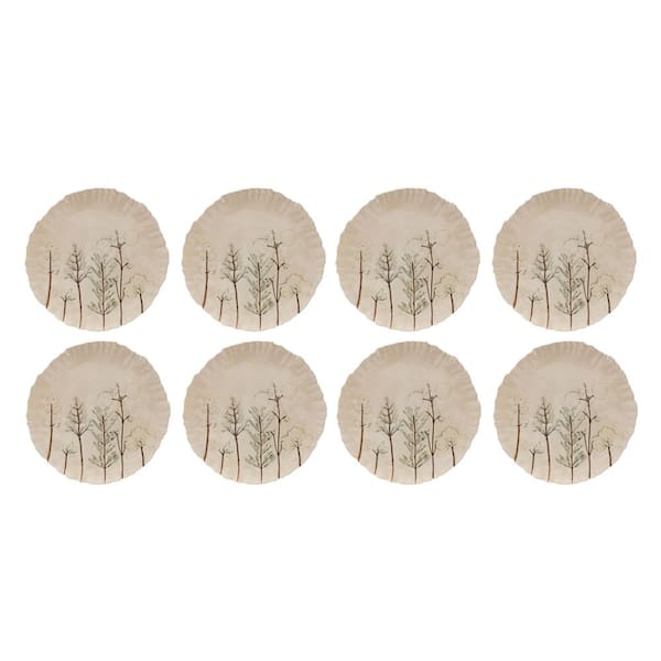 Cream Round Hand-Painted Stoneware Organic Shaped Plates with Botanicals (Set of 8)