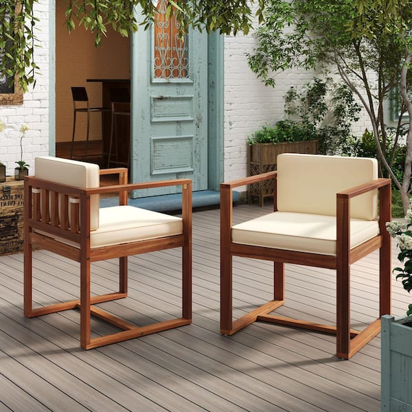 Wood Patio Dining Chairs Outdoor Lounge Arm Chair with Beige Cushions (2-Pack)