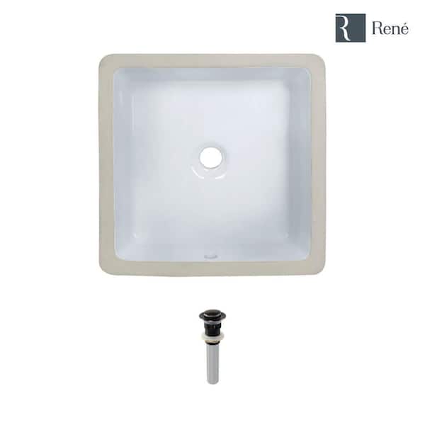 Rene 16 in. Undermount Bathroom Sink in White with Pop-Up Drain in Antique Bronze