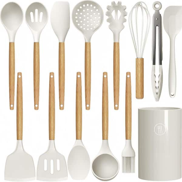 14 Pack Heat-Resistant Cooking Utensils Set, BPA-Free Food-Grade Silicone, Non-Stick Cookware Safe, Wood Handle, White