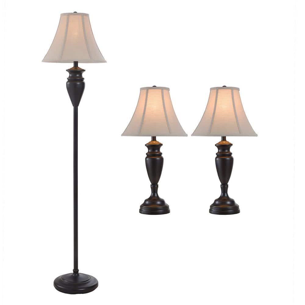 Dunbrook Dark Bronze Lamp Set with White Fabric Shades