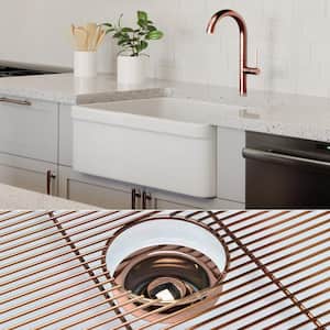 Luxury White Solid Fireclay 26 in. Single Bowl Farmhouse Apron Kitchen Sink with Polished Rose-Gold Accs