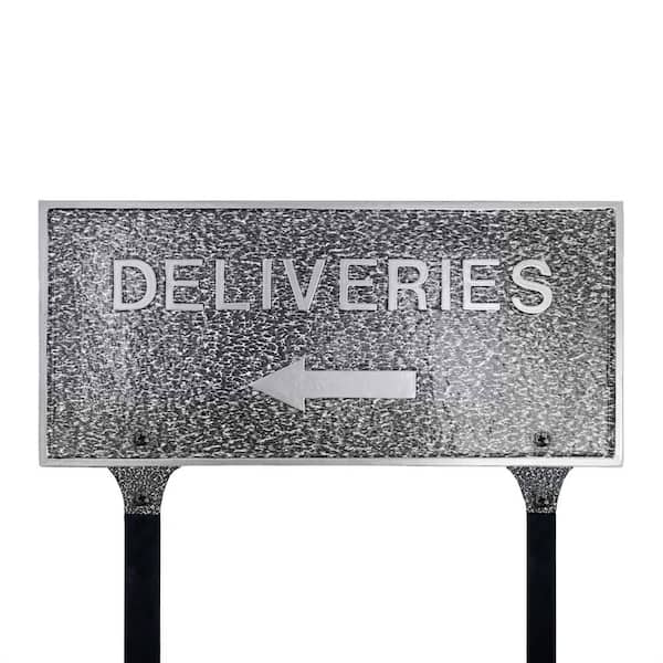 Montague Metal Products 7.25" x 15.25" Deliveries with Left Arrow Standard Rectangle Statement Plaque with Lawn Stakes - Swedish Iron
