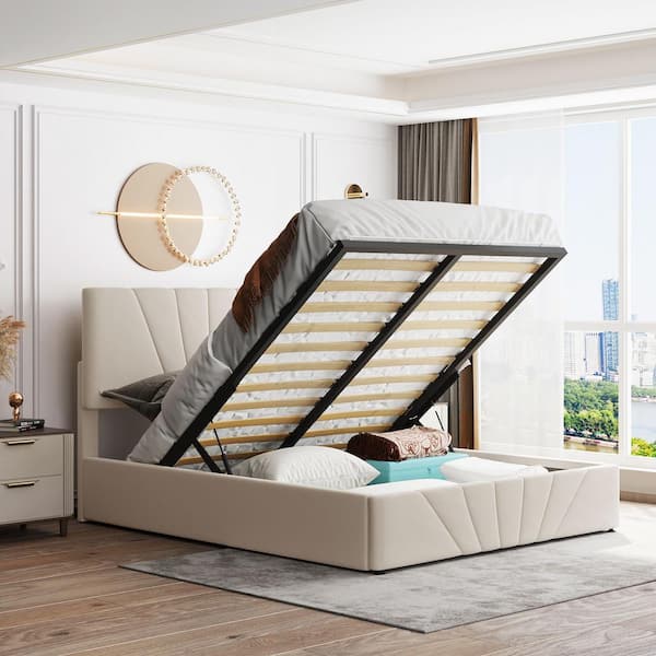 Harper & Bright Designs 64.7 in. W Beige Queen Linen Wood Frame Platform Bed