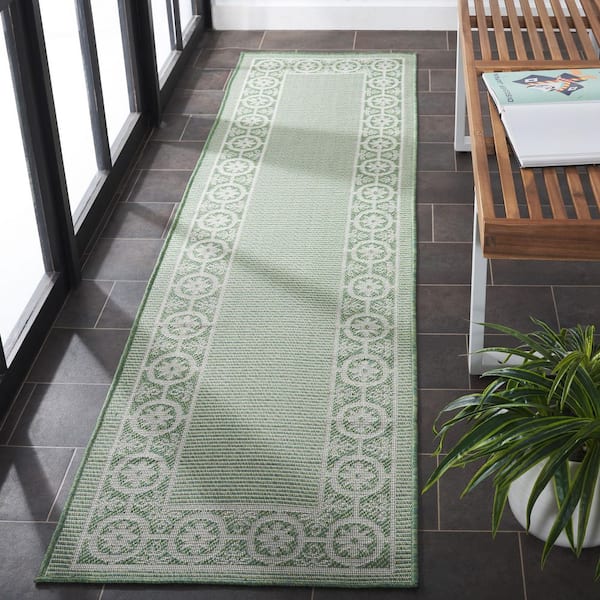 Bermuda Green/Ivory 2 ft. x 8 ft. Ornate Border Indoor/Outdoor Runner Rug