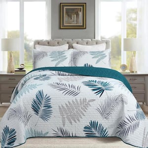 ME507 Green Printed Leaf King Size Polyester Quilt Bedspread Set