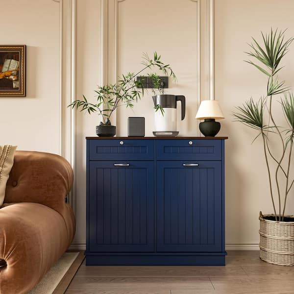 Farmhouse 40 in. W x 14 in. D x 36 in. H Ready to Assemble Cabinets Floor Tilt Out Trash Can Cabinet in Navy Blue