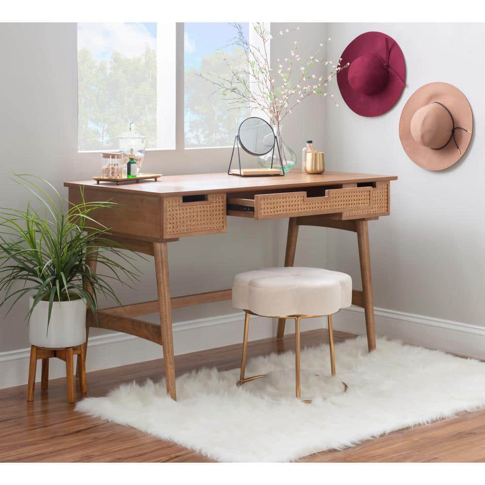 Merryn Rattan 50.94 in. W Rectangle Natural Wood 3-Drawer Writing Desk - Thumbnail 5