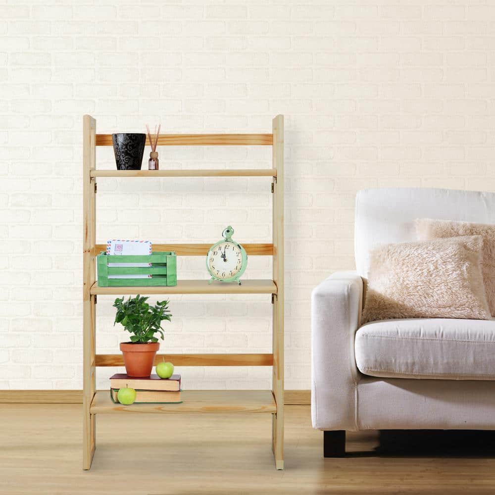 Natural Finish Solid Wood 3-Shelf Folding Bookcase