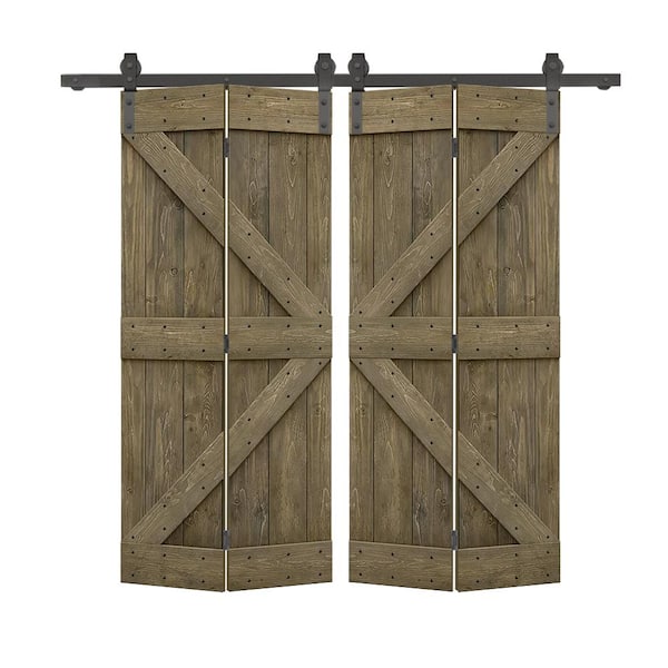 CALHOME 48 in. x 84 in. K-Series Solid Core Aged Barrel-Stained DIY Wood Double Bi-Fold Barn Doors with Sliding Hardware Kit