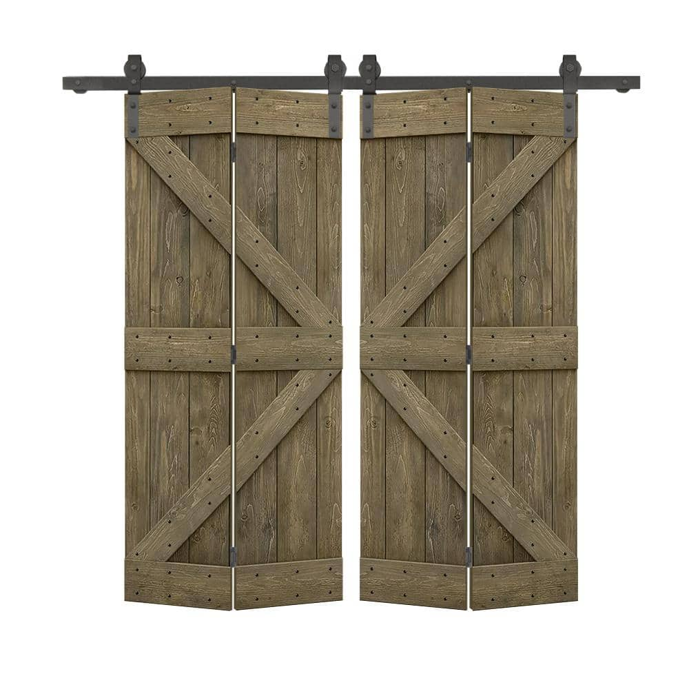 CALHOME 64 in. x 84 in. K-Series Solid Core Aged Barrel Stained DIY Wood Double Bi-Fold Barn Doors with Sliding Hardware Kit