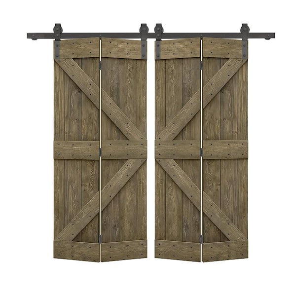 CALHOME 64 in. x 84 in. K-Series Solid Core Aged Barrel Stained DIY Wood Double Bi-Fold Barn Doors with Sliding Hardware Kit