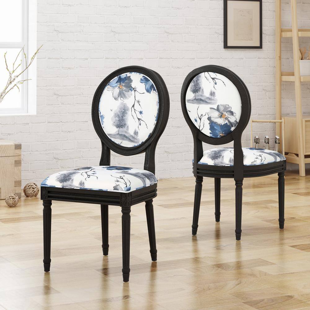 Elegant Noir High-Back Wood Side Chair with Floral Cushion, Set of 2