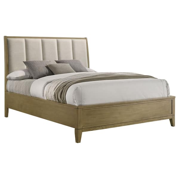 Granada Natural Pine and Beige Wood Frame Queen Panel Bed with Vertical Channeled Upholstered Headboard