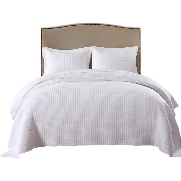 B33 3-Piece White Check 100% Cotton King Size Lightweight Quilt Set
