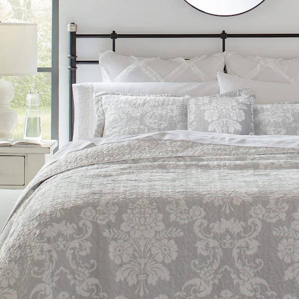 Laura Ashley Venetia 4-Pcs Reversible Gray Floral Cotton Full/Queen Quilt Set