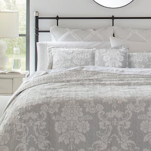 Venetia 4-Pcs Reversible Gray Floral Cotton King Quilt Set