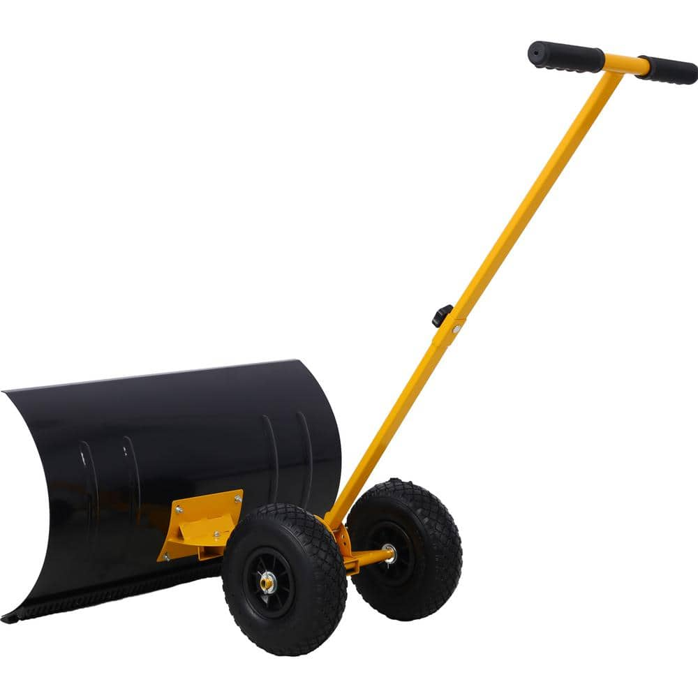 47 in. Sheet Metal Handle Steel Snow Shovel Rolling Pusher with 29 in. Blade and 10 in. Wheels in Black and Yellow -  WELLFOR, GIG-120789