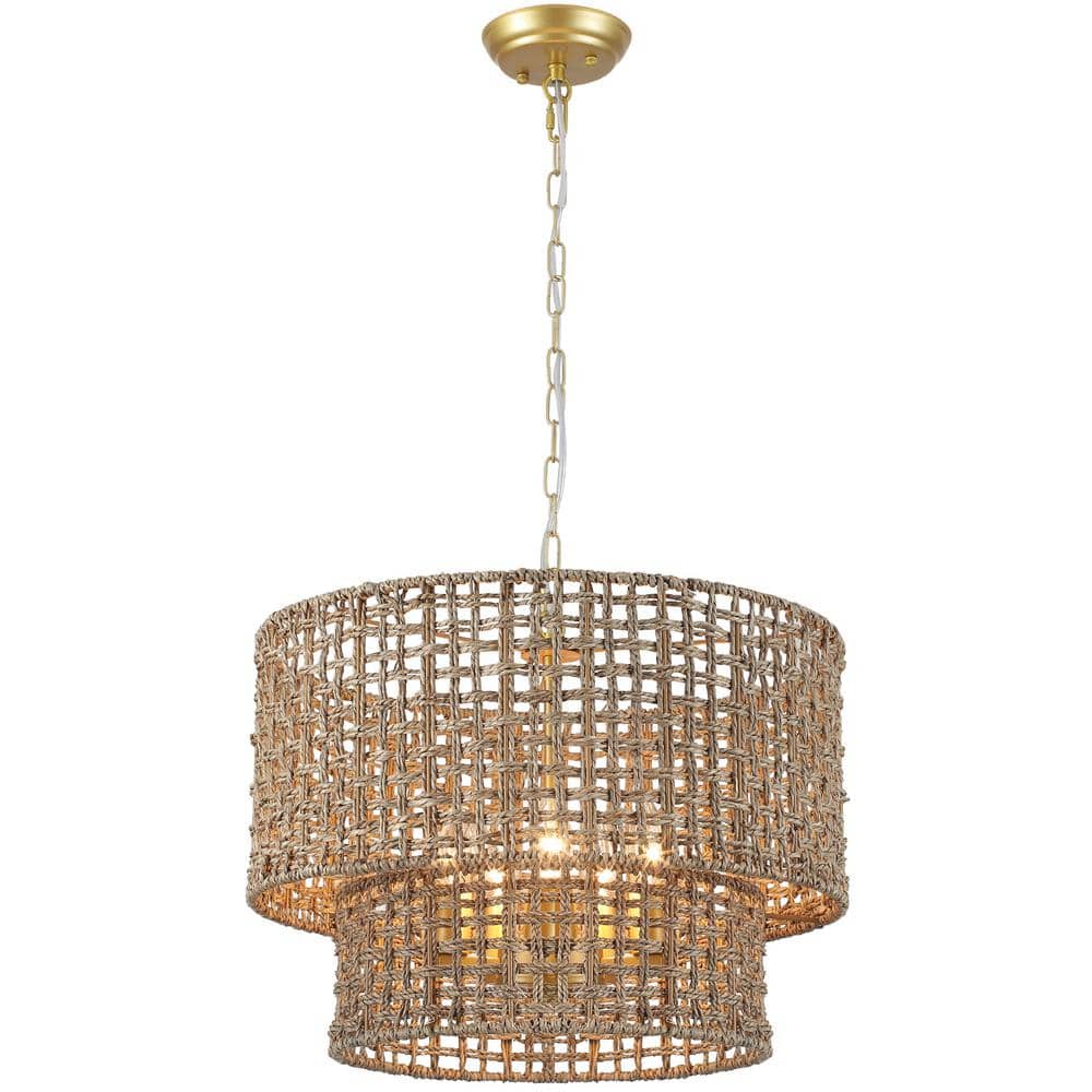 Modern Gold 5-Light 2-Tier Woven Rattan Chandelier Boho Farmhouse Hanging Pendant Light Fixture price history on PriceWatchPro