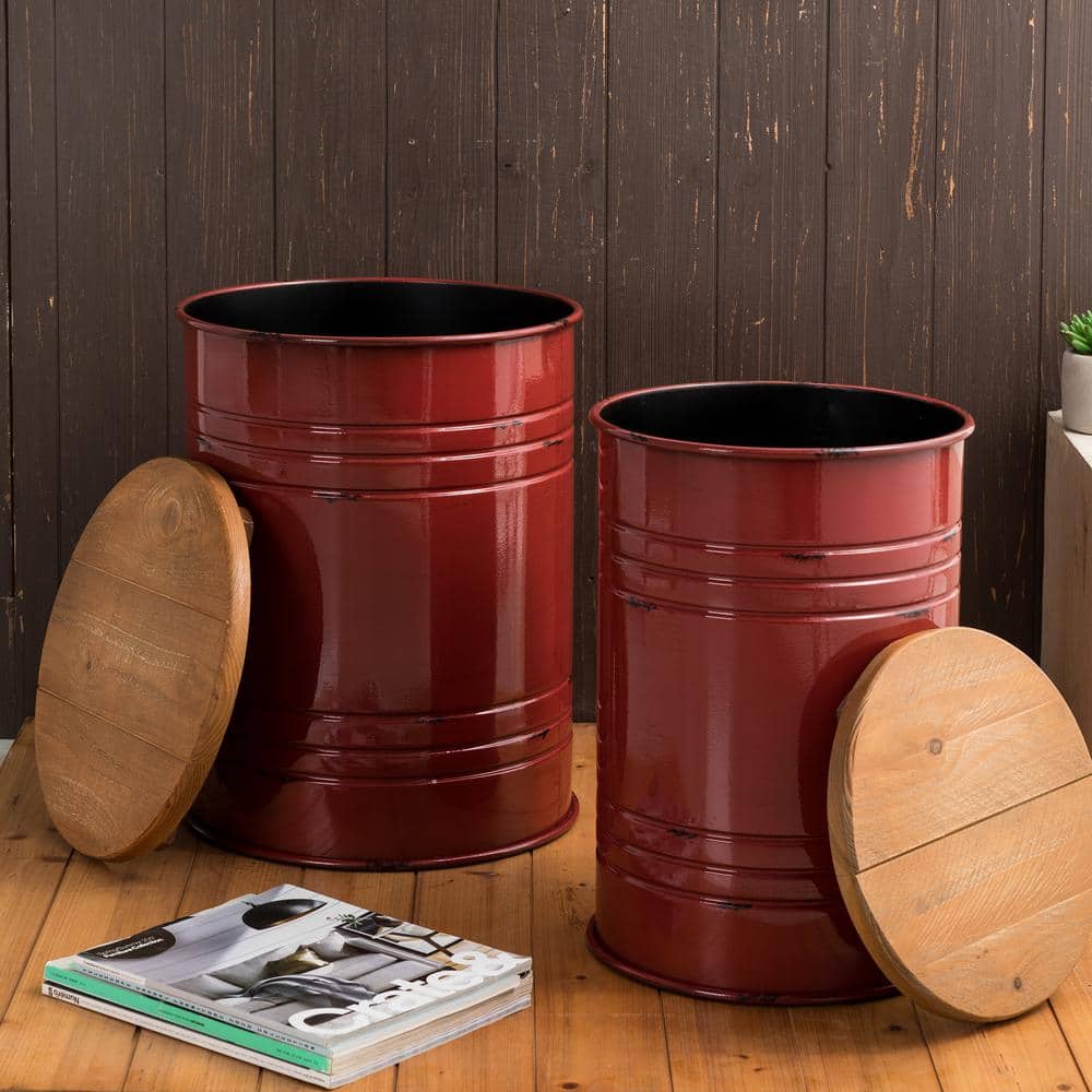 Rustic Red Iron & Pine Wood Storage Accent Table/Stool Set