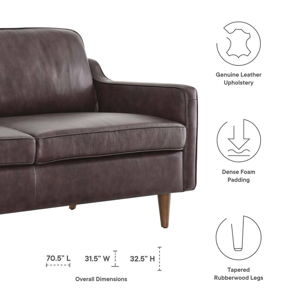Brown Genuine Leather Mid-century Modern Sofa with Walnut Legs