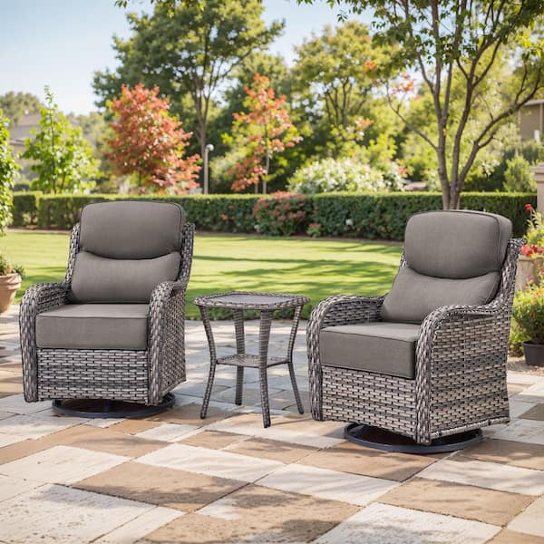 Carolina 3-Piece Brown Wicker Outdoor Swivel Chair Set of Small side Table, Swivel Chair Set for Garden Backyard, Gray