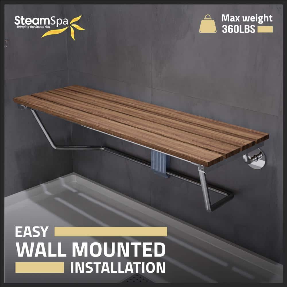 Polished Chrome Teak Wood Wall Mounted Folding Shower Seat