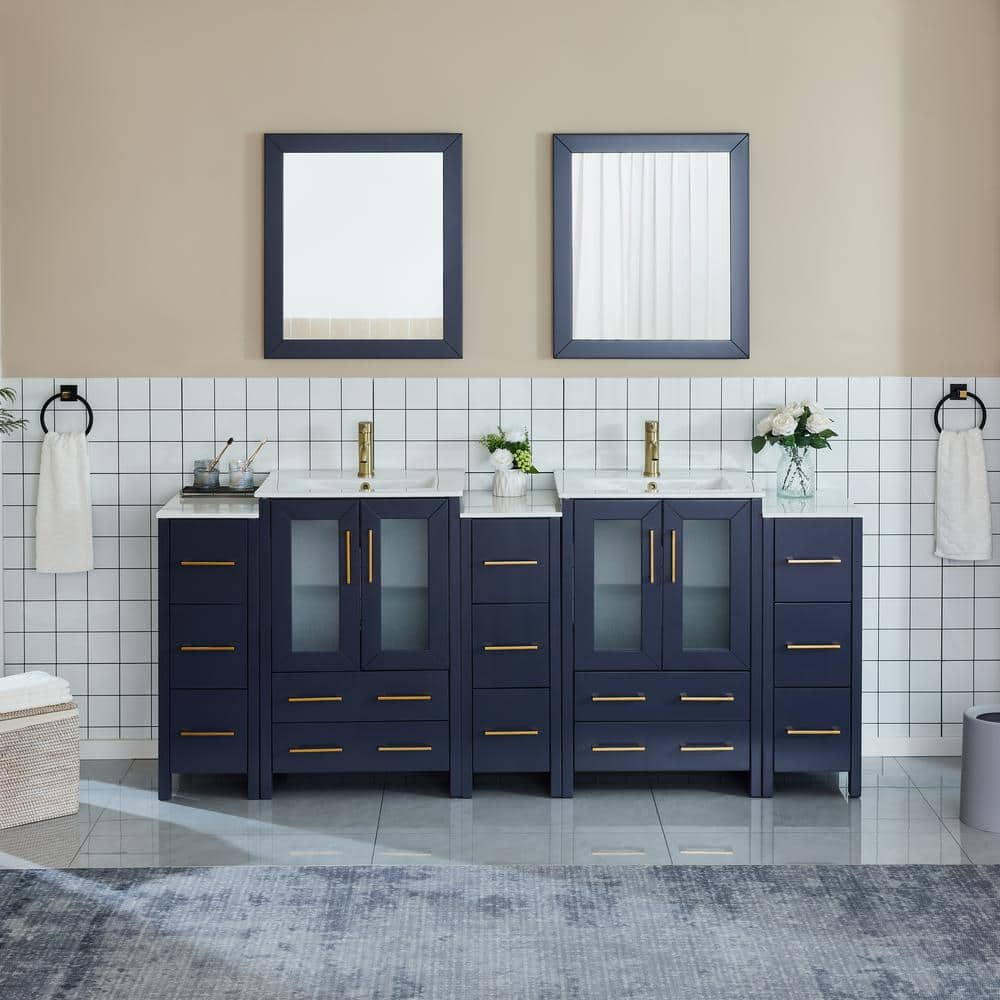 Brescia 84 in. W x 18.1 in. D x 35.8 in. H Double Basin Bathroom Vanity in Blue with Top in White Ceramic and Mirror -  Vanity Art, VA3024-84B