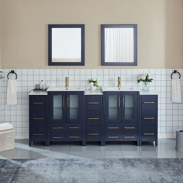 Vanity Art Brescia 84 in. W x 18.1 in. D x 35.8 in. H Double Basin Bathroom Vanity in Blue with Top in White Ceramic and Mirror