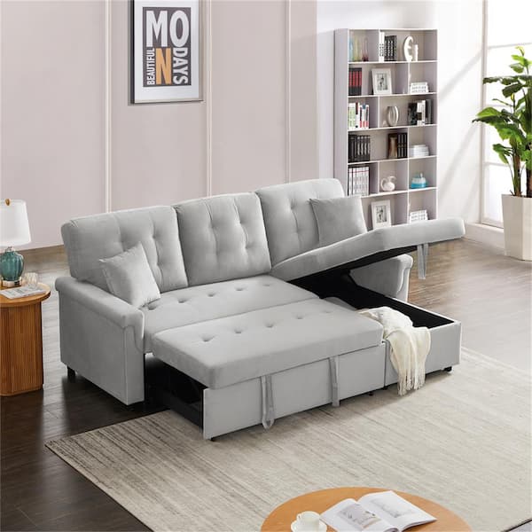 Seafuloy 86 6 In Gray Velvet Reversible Sectional Sofa With Pull Out ...