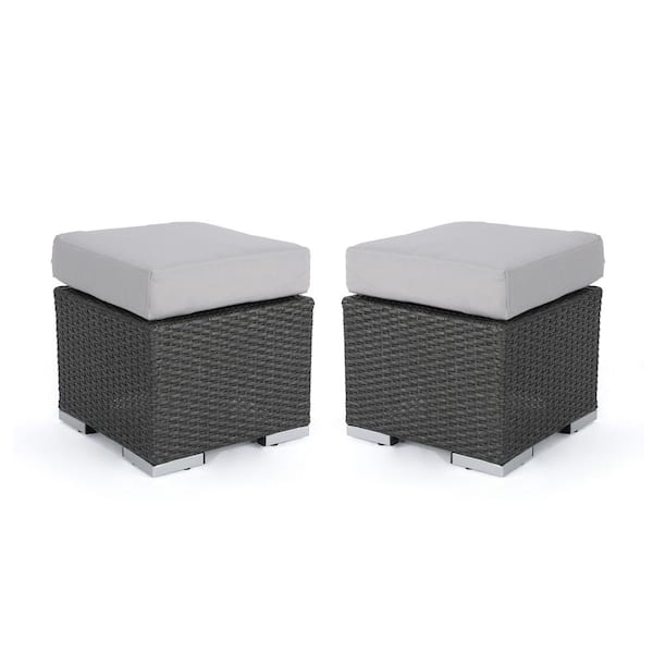 Santa Rosa Grey Wicker Outdoor Patio Ottoman with Silver Grey Cushion (2-Pack)