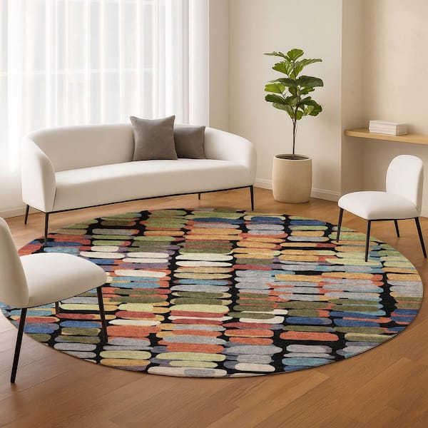 Chantille Machine Washable Indoor/Outdoor Abstract ACN2349 Black 8 ft. x 8 ft. Round Rug